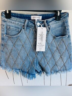 Risen Jeans Rhinestone Fringe Light Blue Denim Shorts NWT